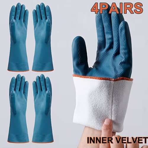 4-Pair Pack of Rubber Gloves, Kitchen Dishwashing Gloves, Thick Lined Laundry Gloves