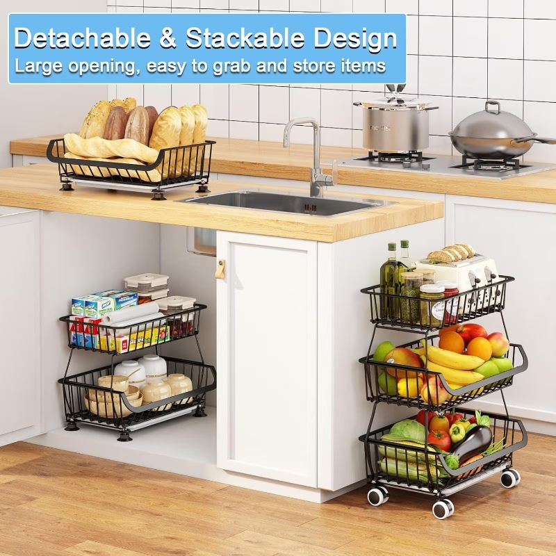 Three-tier rolling floor-standing storage rack; stackable storage trolley