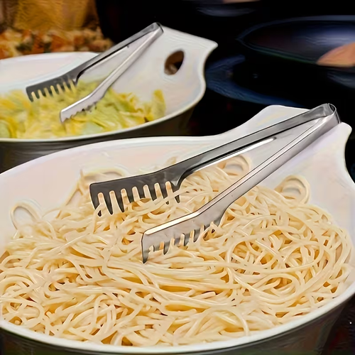Stainless steel pasta tongs, suitable for buffets and family meals.
