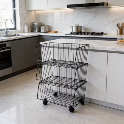 Multi-tier floor-standing storage rack with small trolley and storage basket.