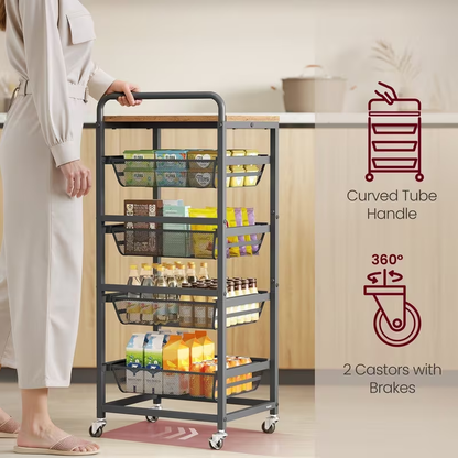 Storage trolley, five-tier kitchen trolley, with wheels and handles.
