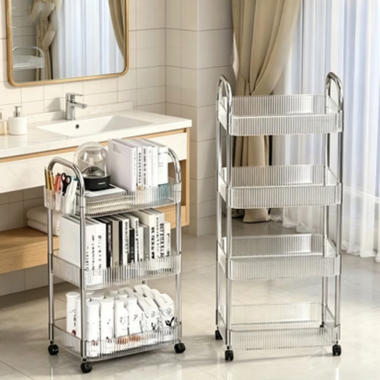 Portable storage cart, transparent acrylic design, 360° swivel wheels