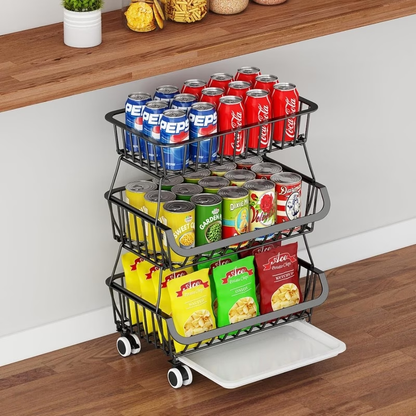 Three-tier rolling floor-standing storage rack; stackable storage trolley